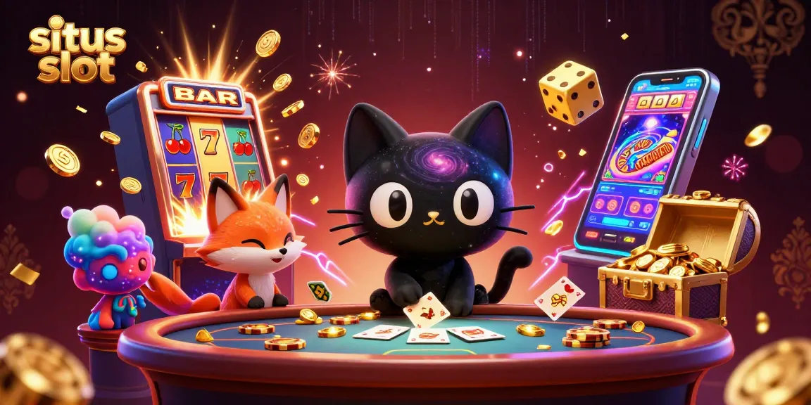 Menghadirkan situs slot yang menyenangkan, kucing lubang hitam kartun menarik chip emas di kasino kosmik.