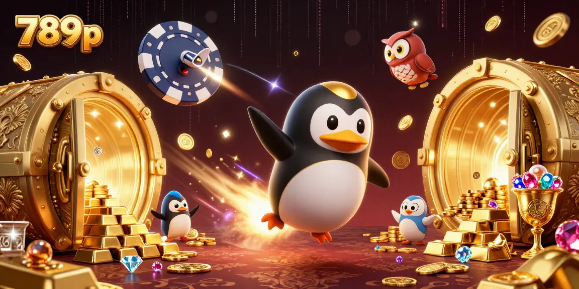 Enjoy thrilling gaming action from 789p as a golden penguin blasts past casino treasures.