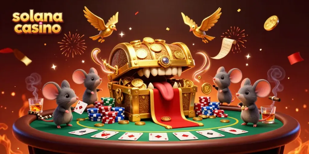 Experience the excitement of a Solana casino with playful characters, poker elements, and festive energy.