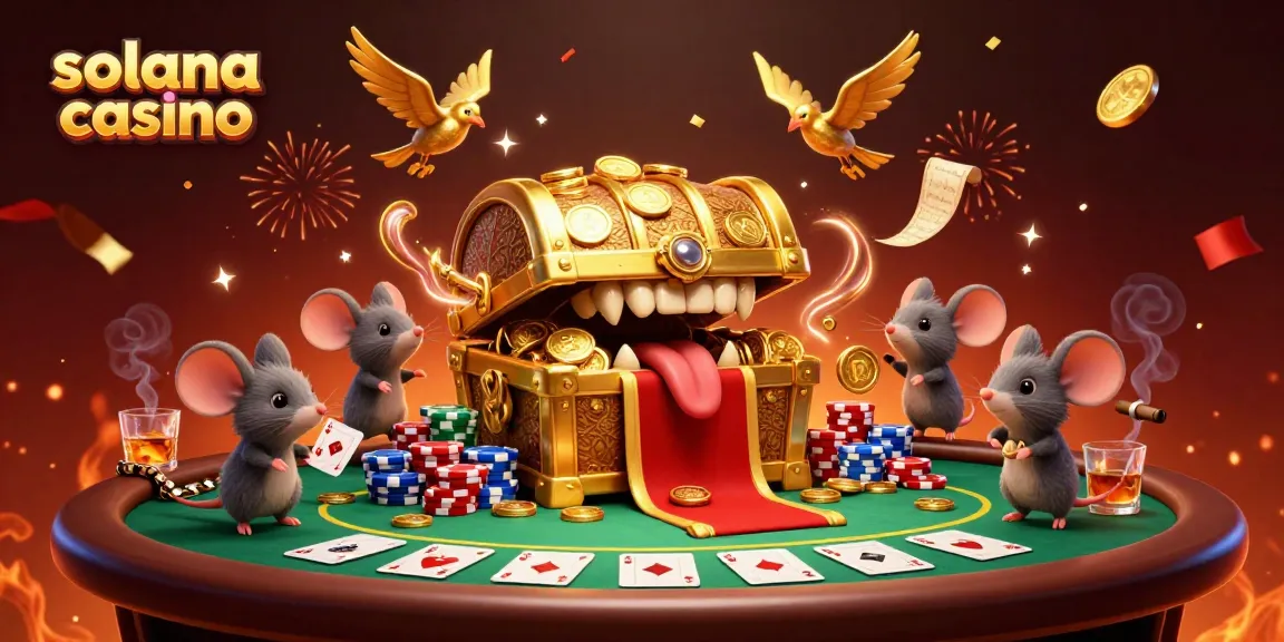 Experience the excitement of a Solana casino with playful characters, poker elements, and festive energy.