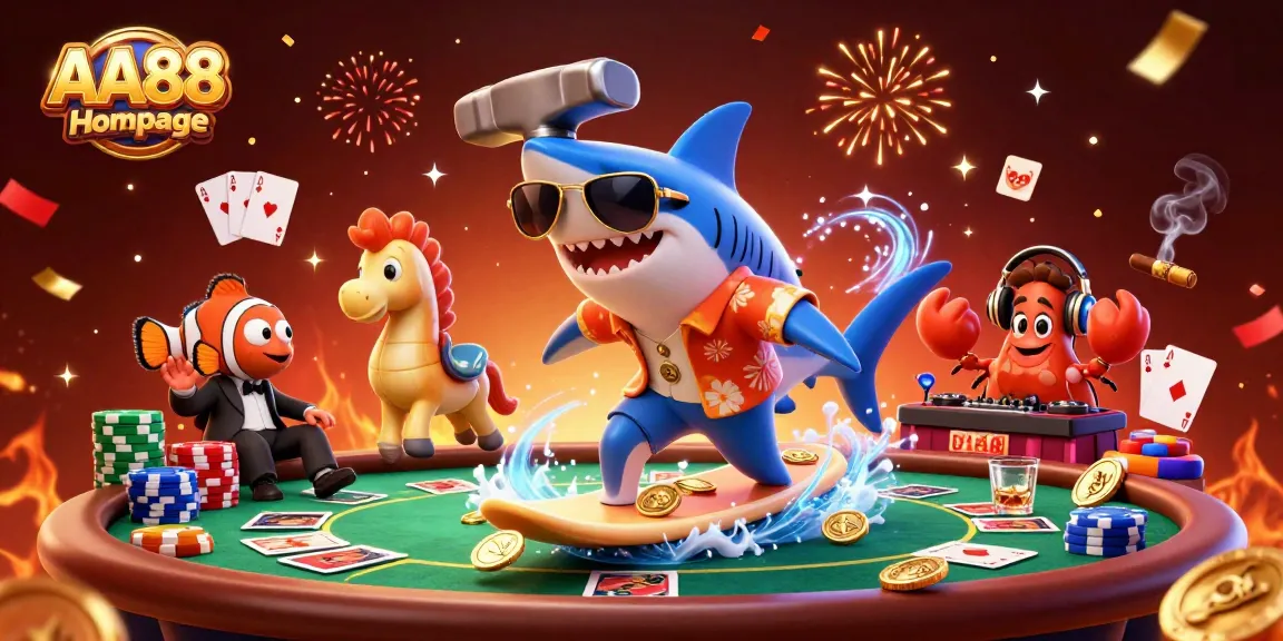 Surf on the wave of gold coins at AA88 Homepage with a shark, clownfish, and DJ crab!