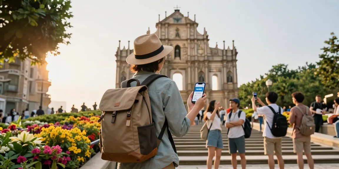 Traveling with an esim coupon code at a scenic European landmark, showcasing adventure.