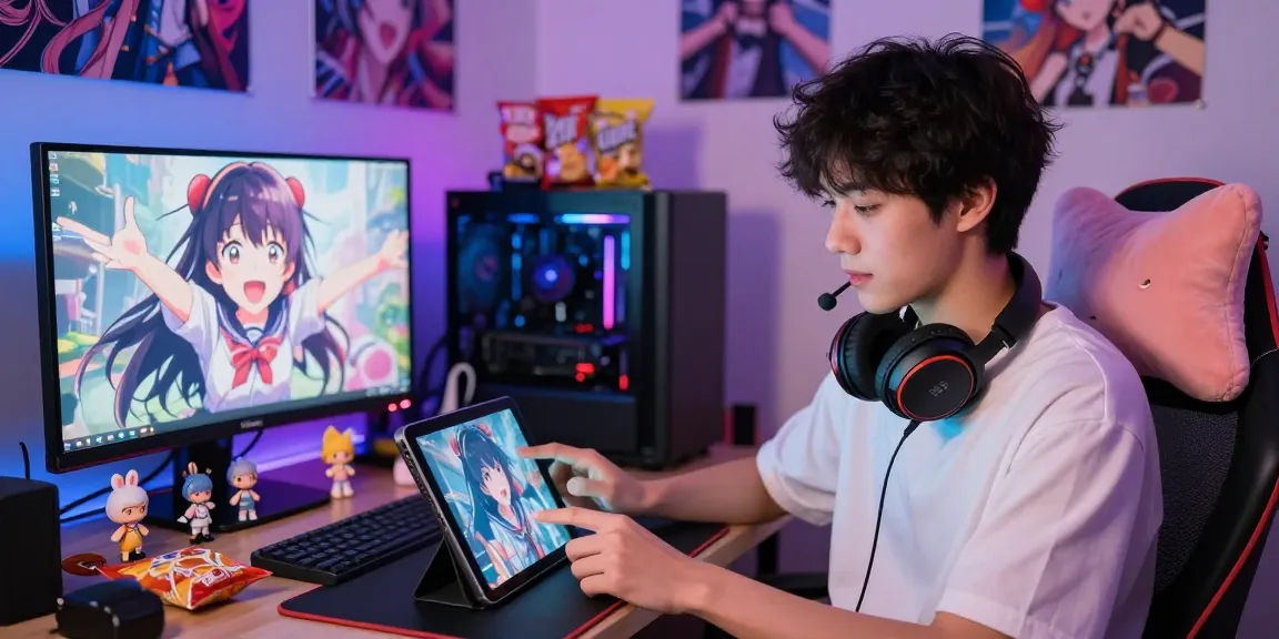 Engaging hentai chat experience with vibrant anime character interaction on tablet, showcasing a modern gaming setup.