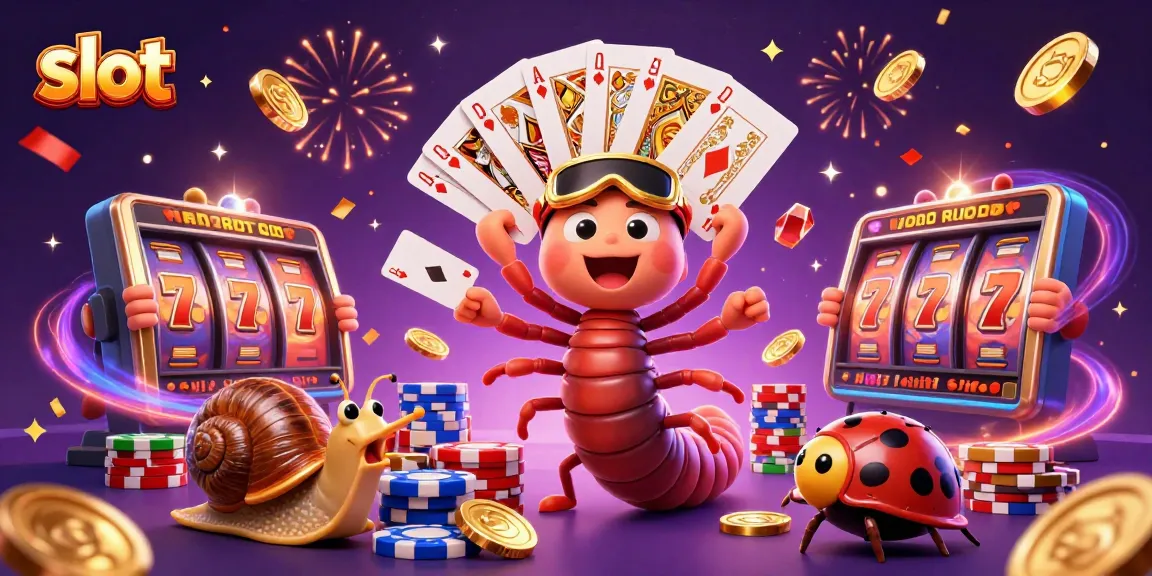 Memenangkan slot dengan dealer kartu kartun dan simbol jackpot di kasino online yang penuh warna.