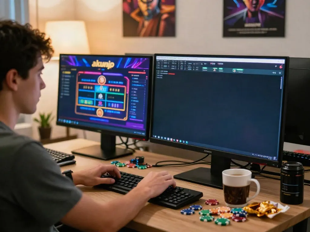 Player enjoying akunjp online slots in a cozy home setup with gaming gear.