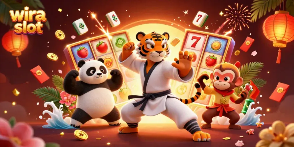 Catch the excitement of wira slot with our engaging 3D illustration featuring vibrant slot machines and playful characters.