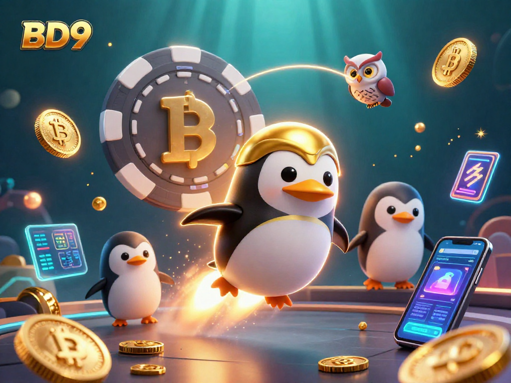 Experience the vibrancy of BD9 with a penguin in a rocket, leading an exciting casino-themed adventure.