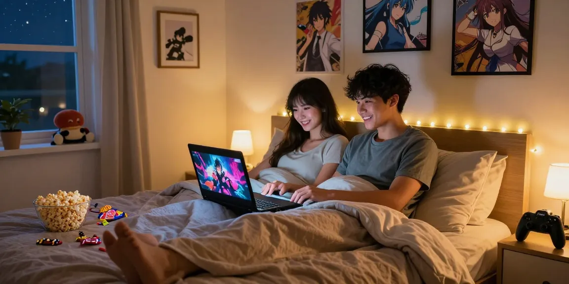 Couple enjoying hentai games on a cozy bedroom bed with snacks and ambient lighting.