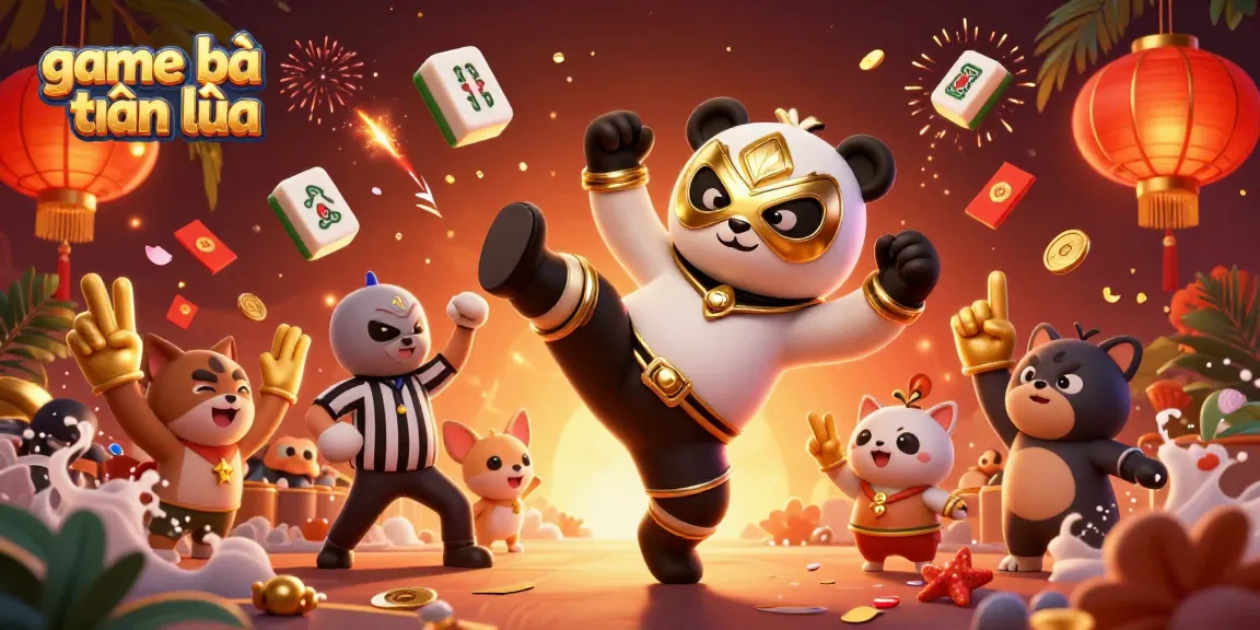 Engaging scene of game bài tiến lên with a panda wrestler, chihuahua referee, and animal spectators, celebrating victory.