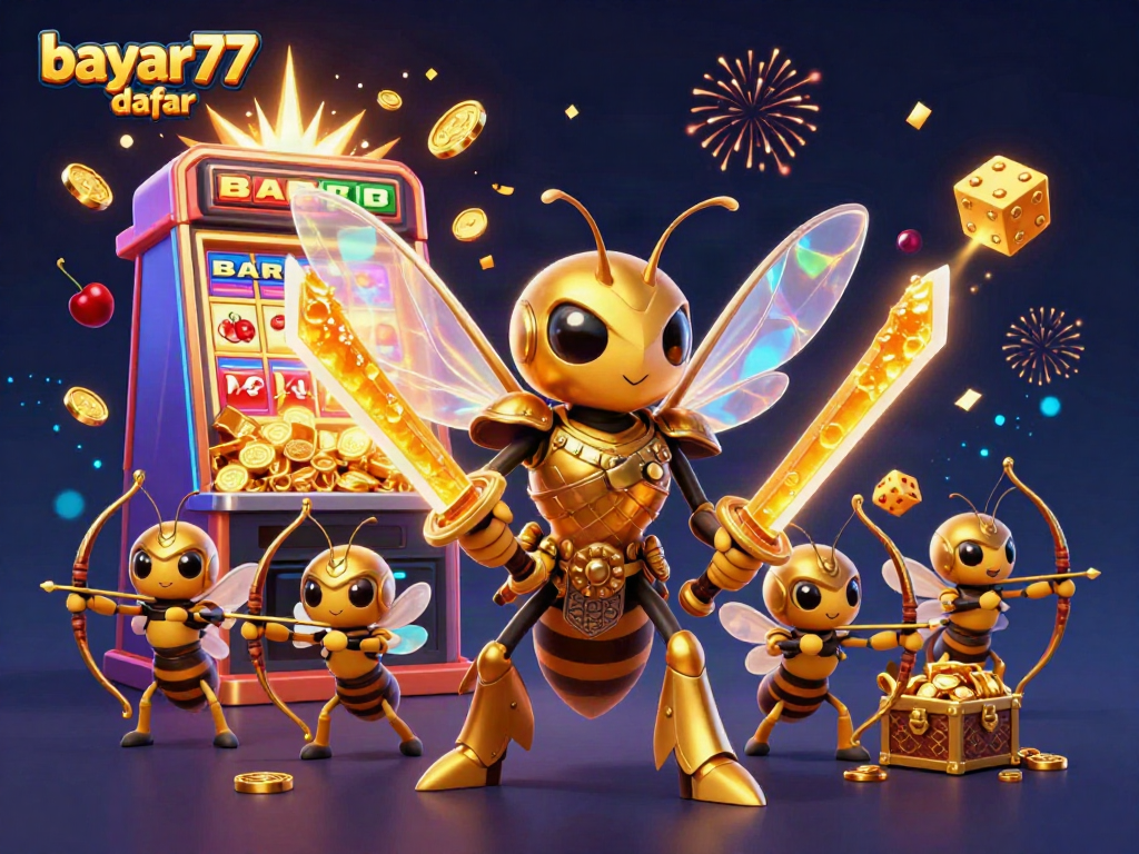 Win big with bayar77 daftar in an ultra-detailed 3D casino illustration featuring dynamic game elements.