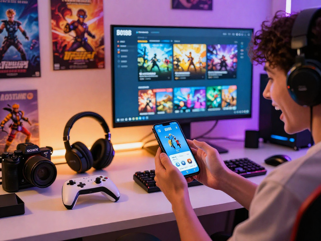 Isang gumagamit ng bd188 app na nag-eenjoy sa mga laro sa kanyang smartphone sa isang masiglang gaming setup.