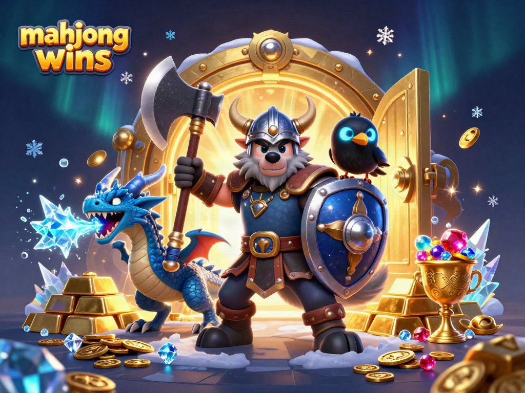 Experience mahjong wins with a Viking warrior and a fierce dragon amidst dazzling treasures.