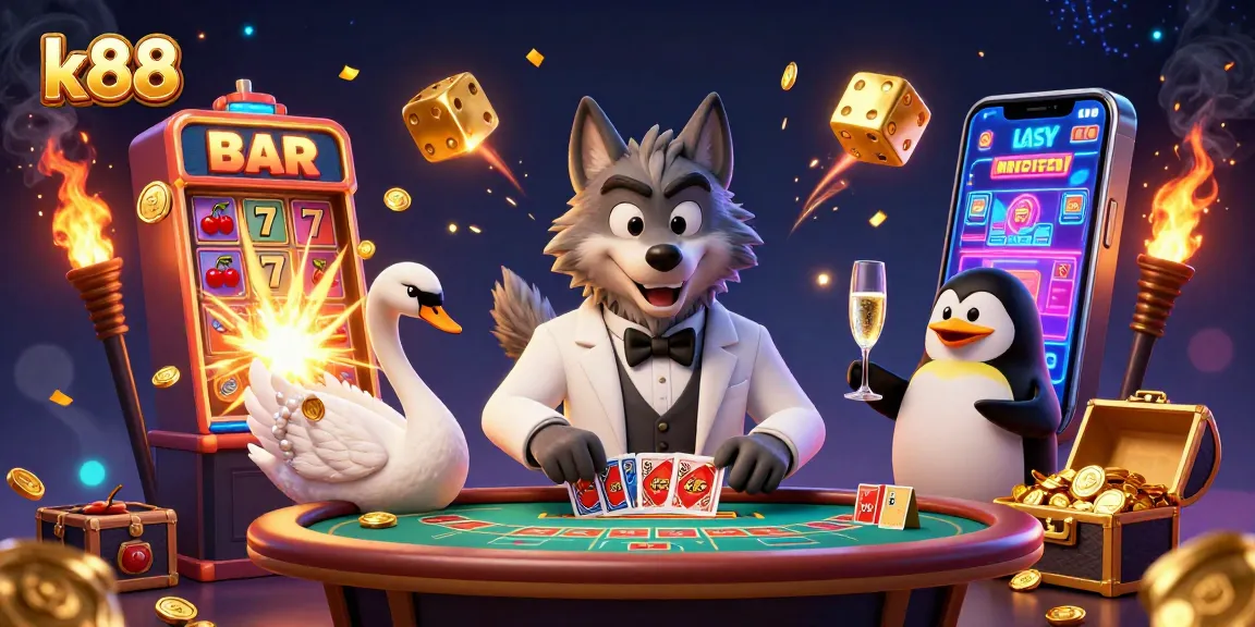 Experience thrills at k88 with a vibrant casino scene featuring a winning wolf, elegant swan, and penguin sommelier.