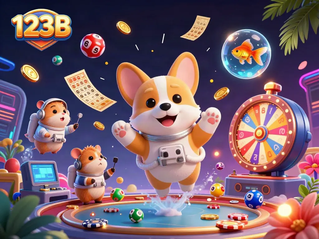 Engaging 3D scene of a playful corgi floating in a casino setting, showcasing the lively elements of the 123B brand.