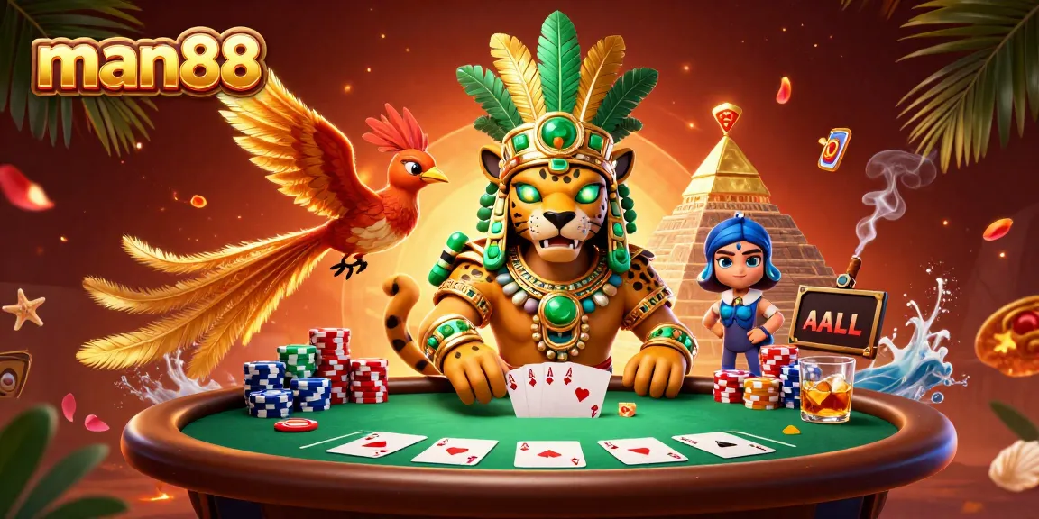 Play at man88's vibrant casino with colorful poker chips, a Mayan jaguar priest, and a quetzal bird.