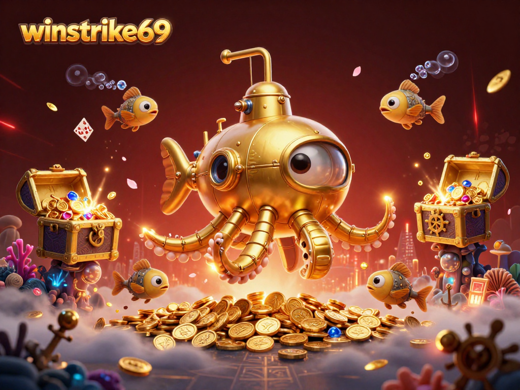 Experience the thrill of winstrike69 as the golden kraken submarine dives into riches, bursting with gold coins and gems.