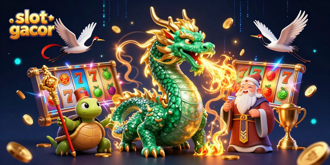 Slot gacor menghasilkan jackpot berkilau dengan naga zamrud dan simbol keberuntungan.