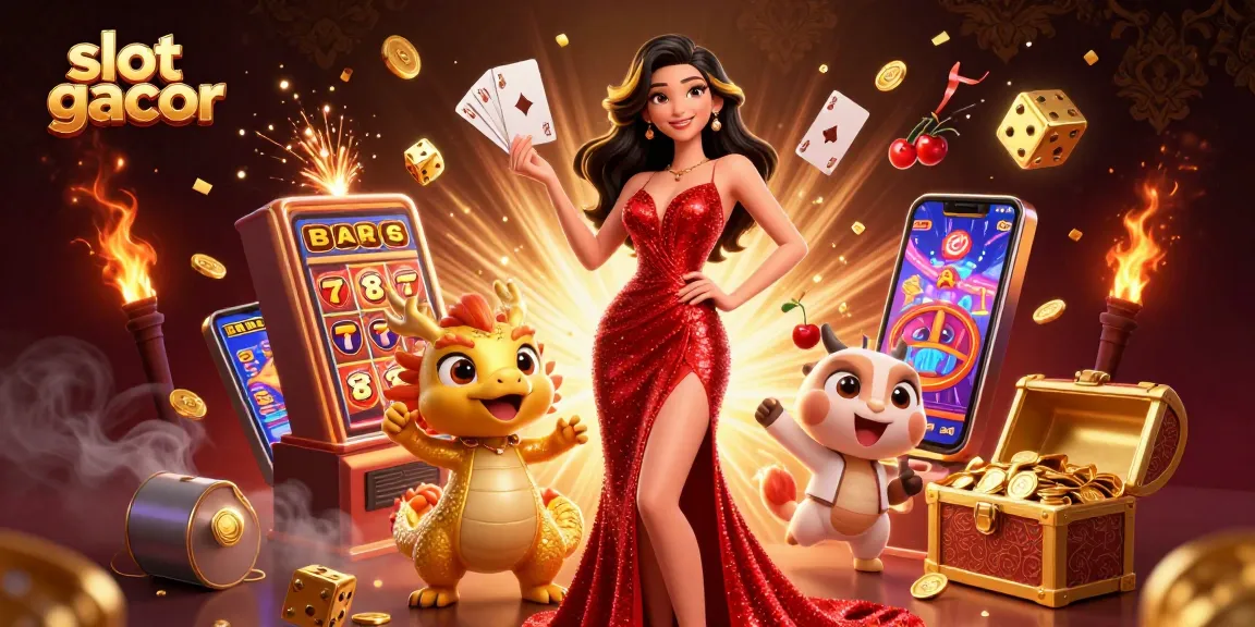 Experience the excitement of slot gacor with a thrilling illustration of a glamorous Asian woman and golden dragon amidst jackpot symbols.