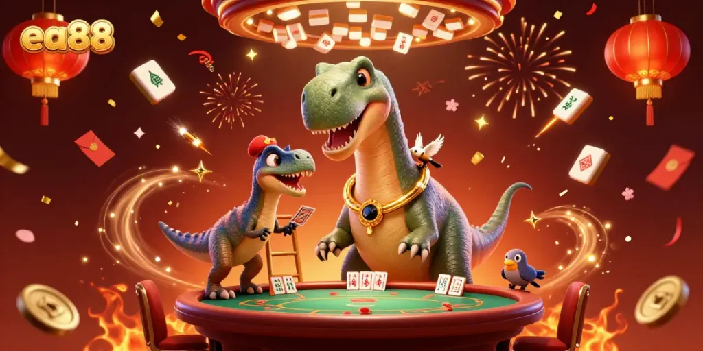 ea88 casino scene with a giant dinosaur, clever raptor dealer, and festive decorations