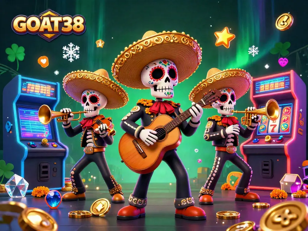 Engage with GOAT38's vibrant casino atmosphere featuring a lively skeleton mariachi band and arcade games.