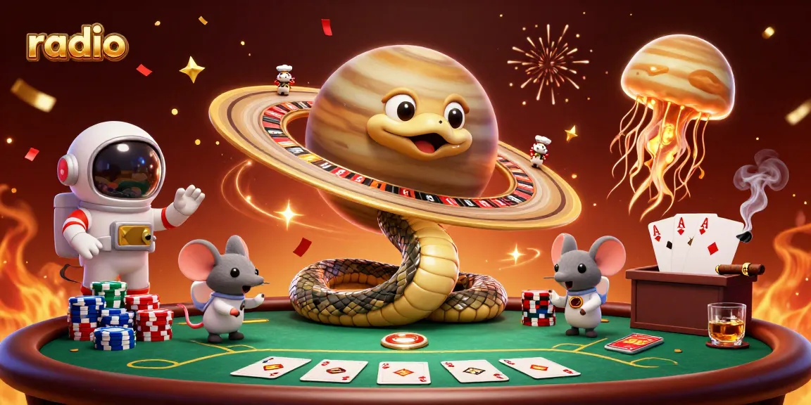 Bet on cosmic roulette with radio-themed characters in a vibrant casino illustration.