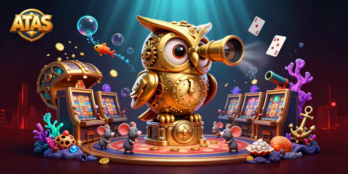 Engage with ATAS Casino's vibrant 3D scene featuring a whimsical clockwork owl and dynamic game elements.