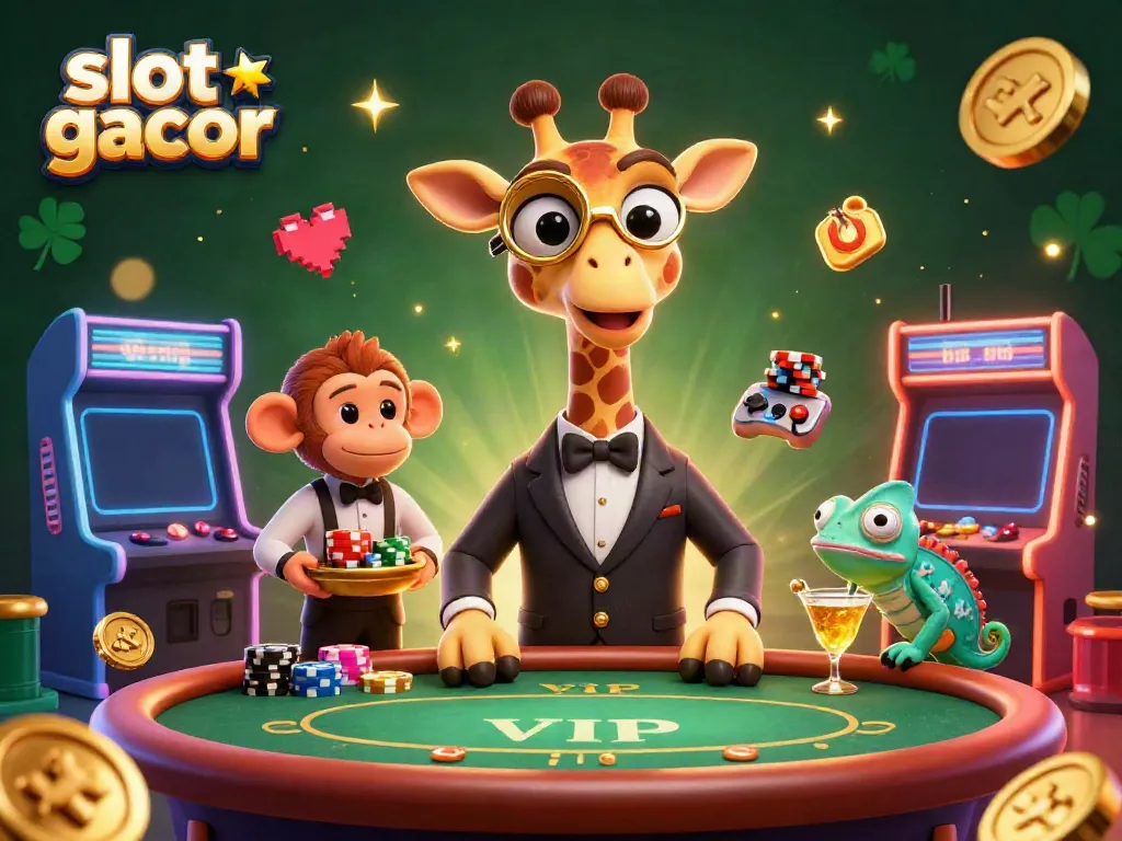 Slot gacor dengan jerapah tinggi dalam setelan di meja poker VIP, dikelilingi elemen permainan kasino.