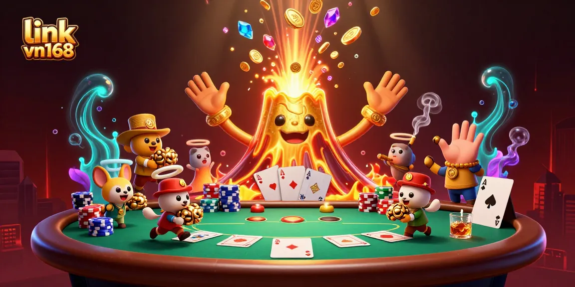 Experience the thrill at link vn168 with a dynamic casino scene featuring a golden volcano erupting treasure and poker elements.