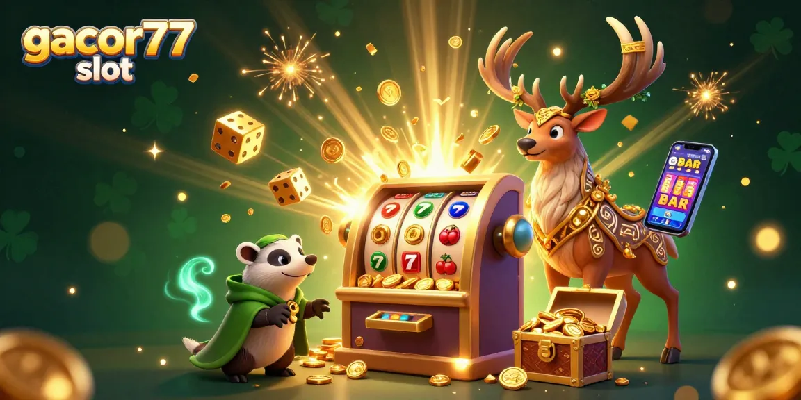 Menangkan Gacor77 slot dengan memasang taruhan pada mesin slot berkanvas penuh koin emas dan cahaya yang menyala.