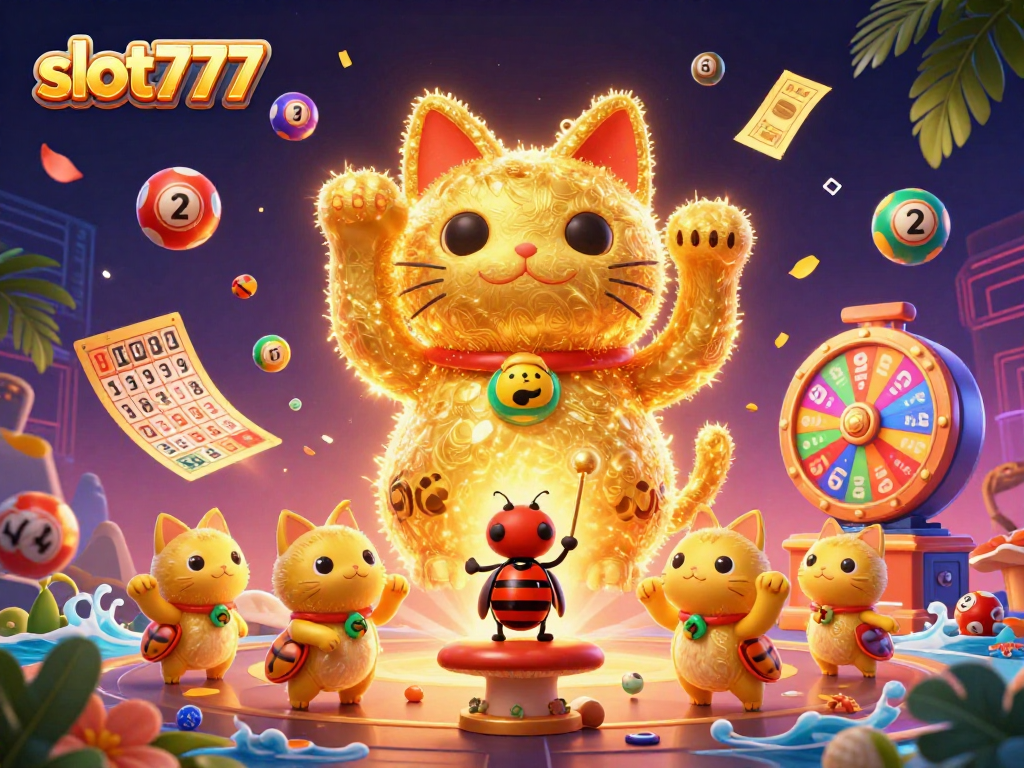 Experience the excitement of slot777 with vibrant casino elements and a lucky cat illustration.