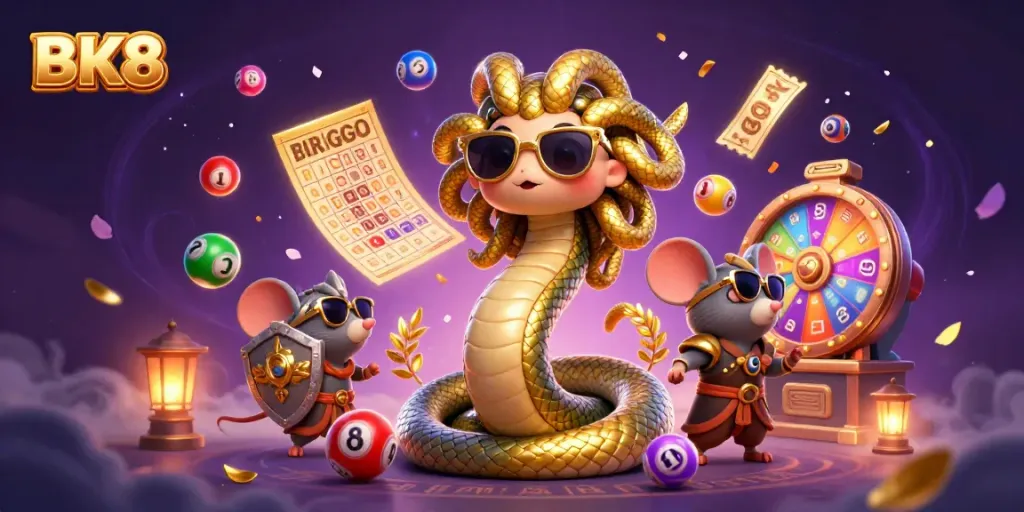 Experience the excitement of BK8 with a vibrant digital illustration of friendly Medusa and a warrior mouse amidst lively gambling elements.