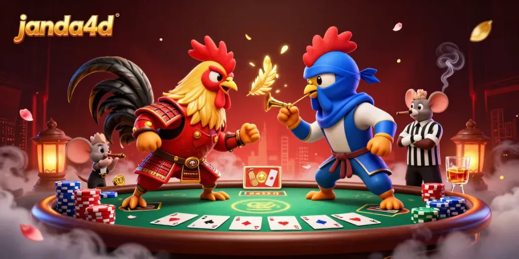 Mata uang dan simbol keberuntungan janda4d saat ayam penjuang bertarung di kasino.
