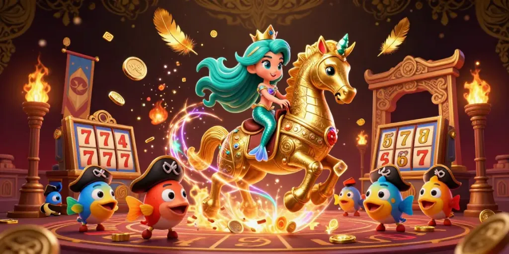 Slot berdimensi 3D menampilkan putri duyung dan kuda laut di arena kasino.