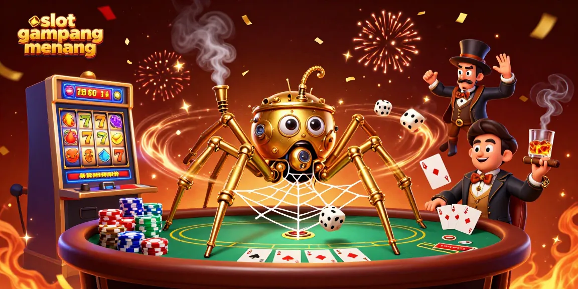 Spin and win with slot gampang menang, featuring a dynamic steampunk spider and vibrant casino elements.