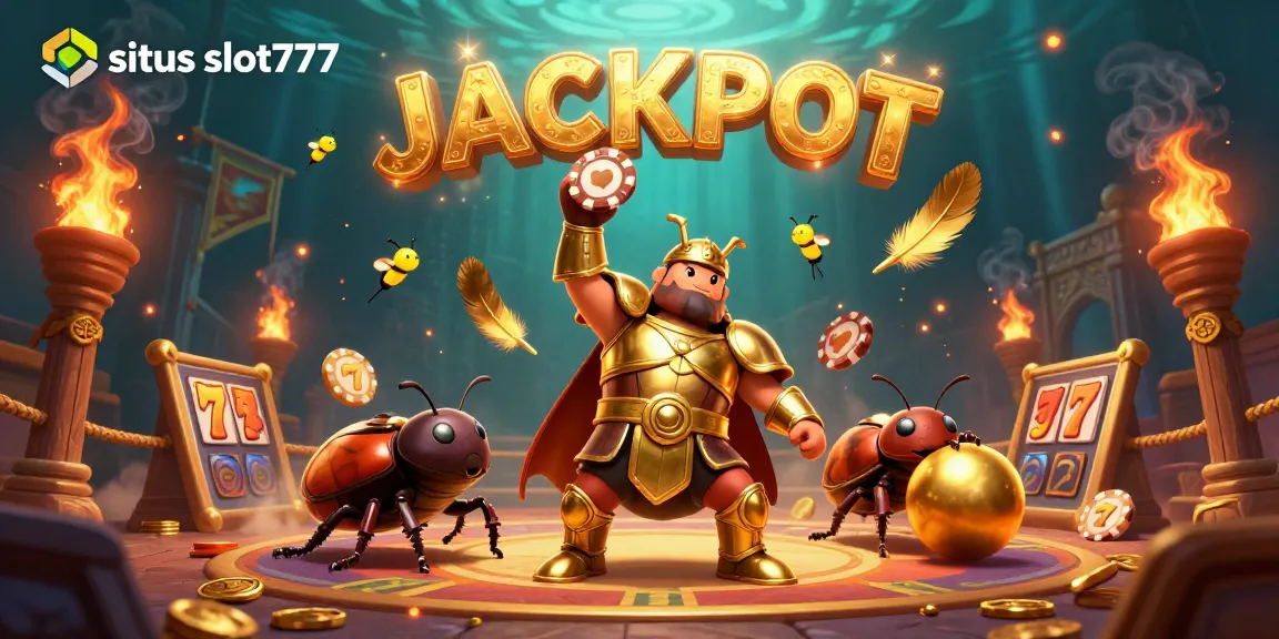 Situs slot777 menghadirkan perayaan jackpot dengan serangga menang dalam pertarungan seru, dikelilingi koin emas dan simbol keberuntungan.