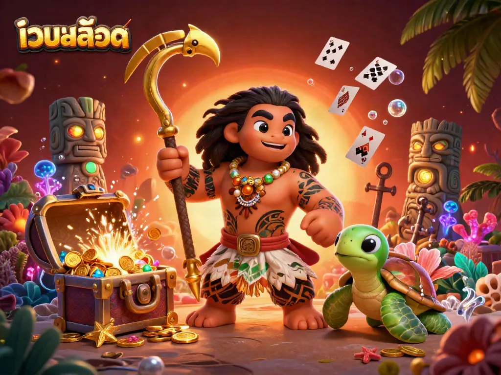 Engaging เว็บสล็อต scene featuring a demigod hawk and magical turtle amidst treasures and vibrant casino elements.