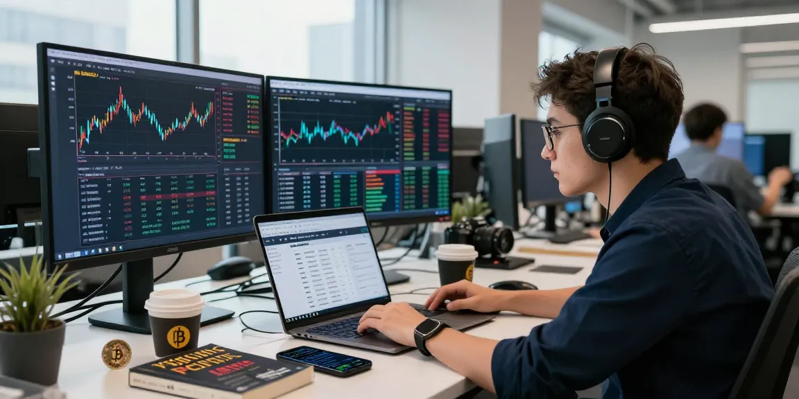 Активный трейдер на bitmex бирже, анализирующий графики и торги в современном офисе