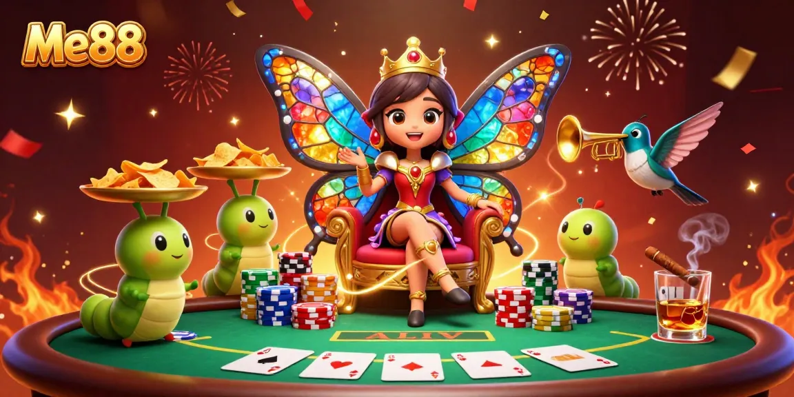 Experience the excitement of Me88 with a vibrant, rich casino scene featuring a butterfly queen and poker elements.
