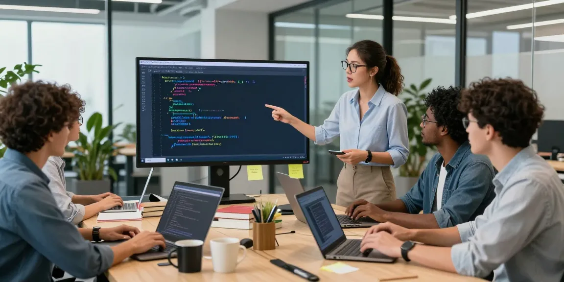 Tim pengembang perangkat lunak di https://miami4d.com/ berdiskusi di ruang kantor modern dengan elemen teknologi.