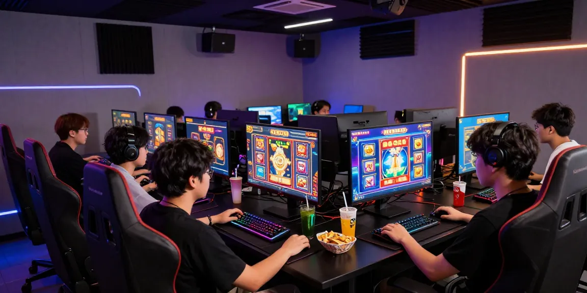 Engaged gamers exploring pajaktoto daftar on multiple screens with vibrant visuals and snacks.