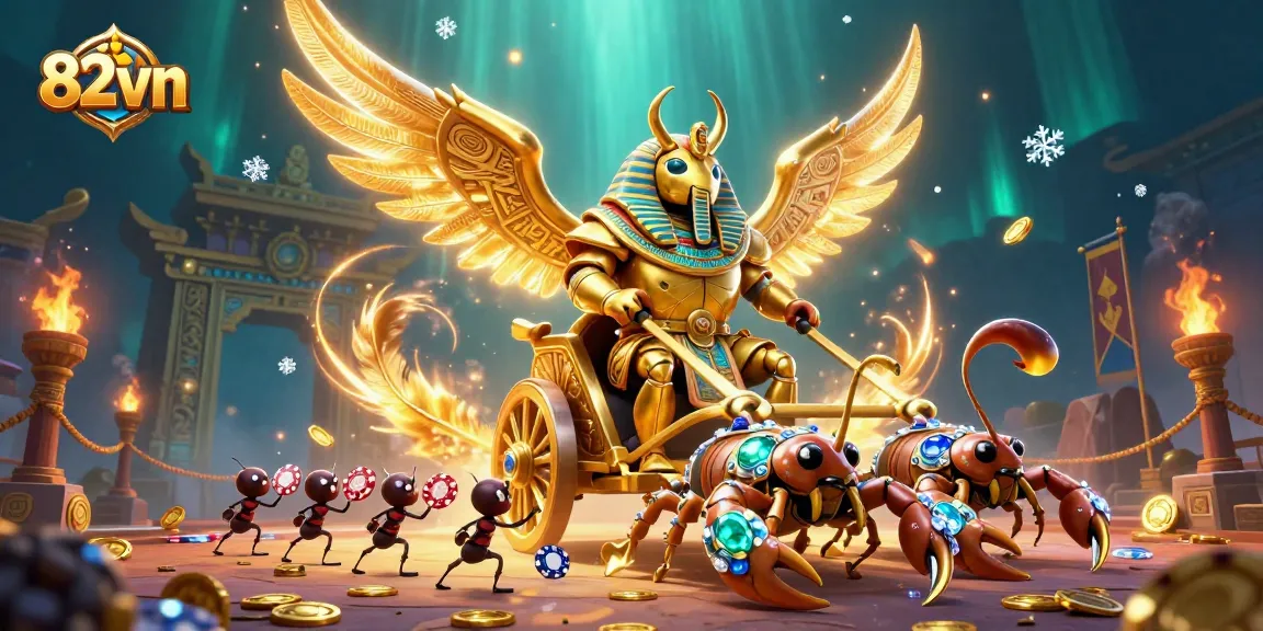 Engage with 82vn's captivating gaming experience featuring a golden scarab and scorpion chariot amidst a vibrant casino.