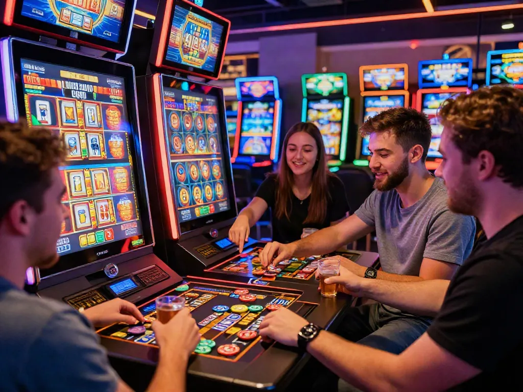 Pengalaman bermain slot mahjong yang menggembirakan di kasino dengan teman-teman, menampilkan mesin slot neon berwarna-warni.