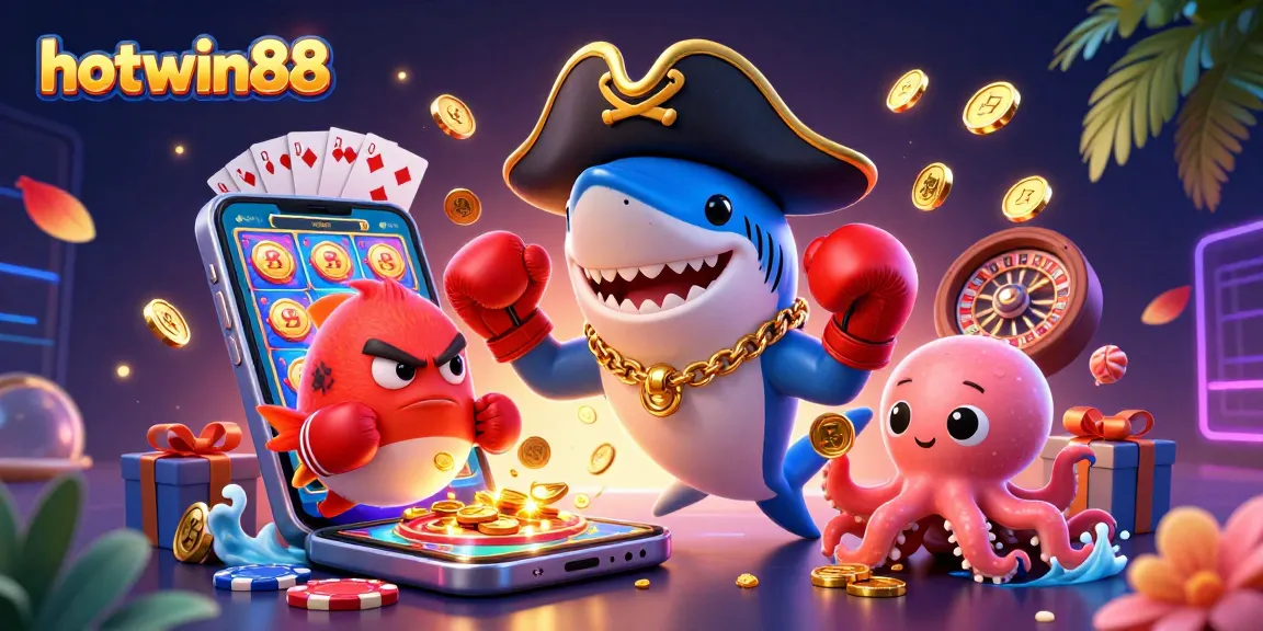 Experience the thrill of hotwin88 with a dynamic casino scene featuring animated casino characters and games.