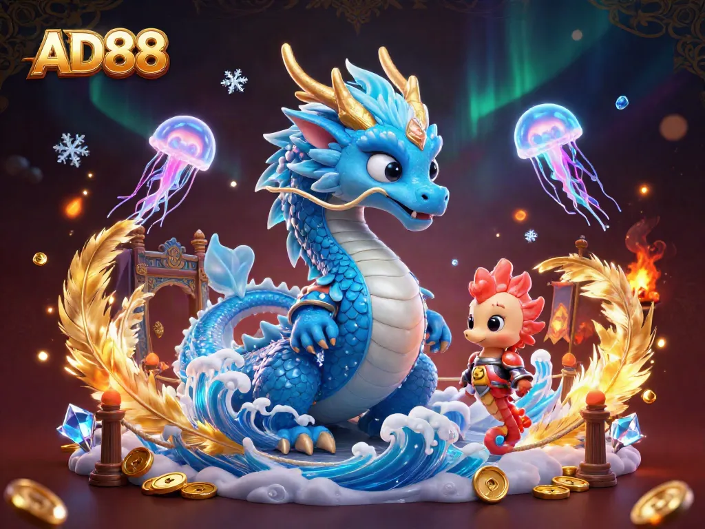 Engage in thrilling gameplay with AD88 featuring a dragon and vibrant jellyfish in a rich casino scene.