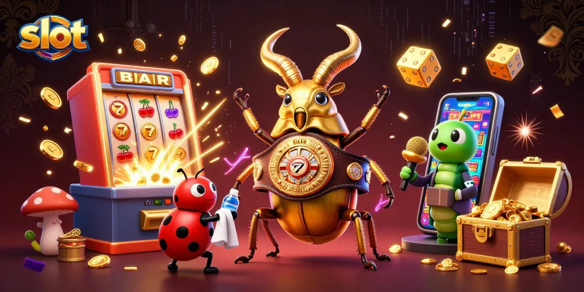 Engage with thrilling slot action featuring a dynamic scene with a golden stag beetle and falling coins.