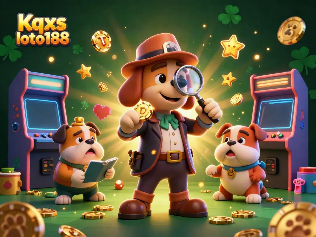 Explore Kqxs loto188 with a detective and bulldog searching for treasures in a colorful casino scene.