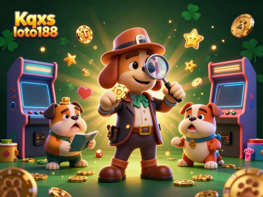 Explore Kqxs loto188 with a detective and bulldog searching for treasures in a colorful casino scene.