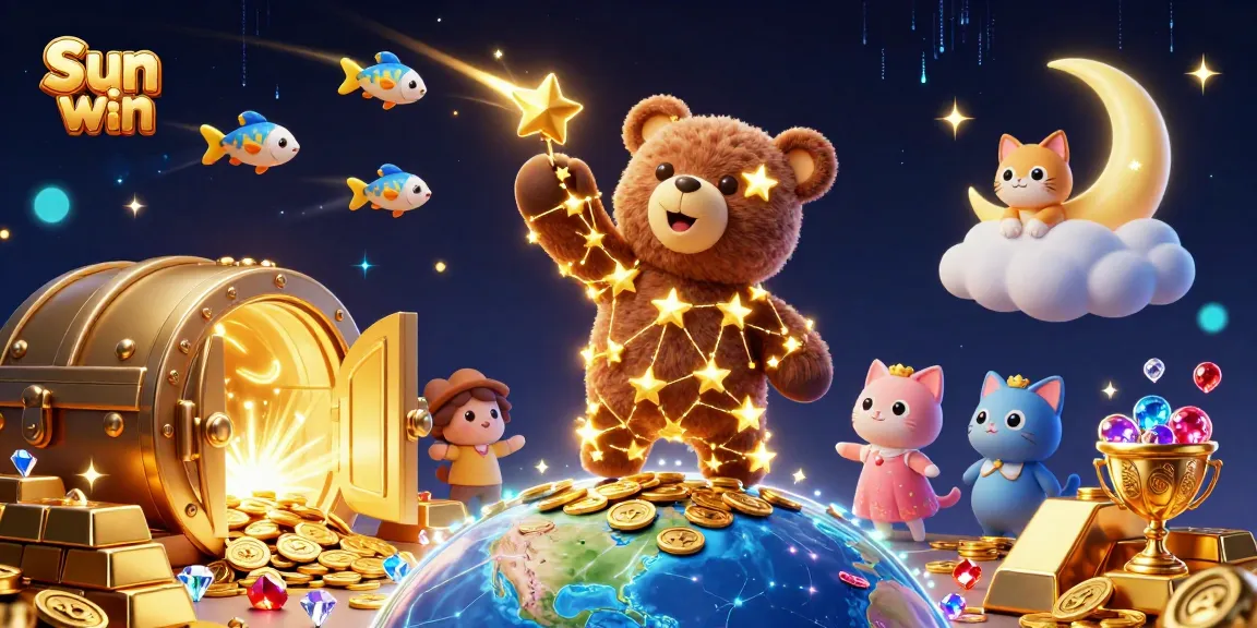Experience the thrill of Sun win as the constellation bear scoops up coins from Earth amidst gems and a treasure vault.