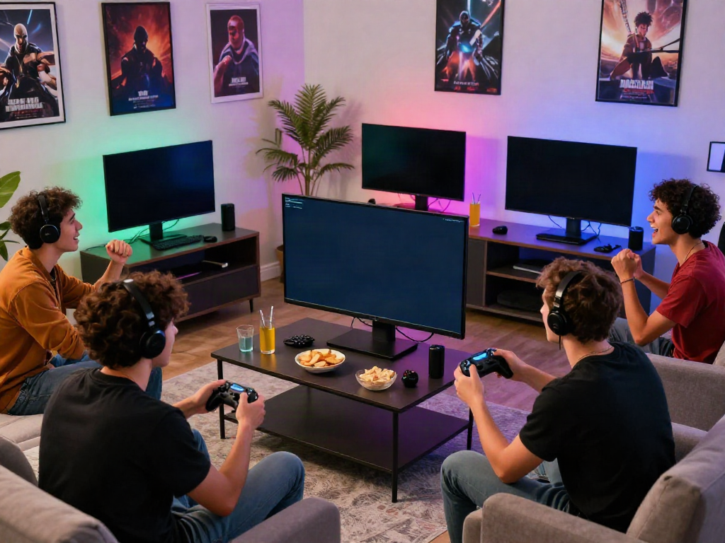 Exciting scene of friends enjoying unsurtoto online gaming together in a vibrant living room.