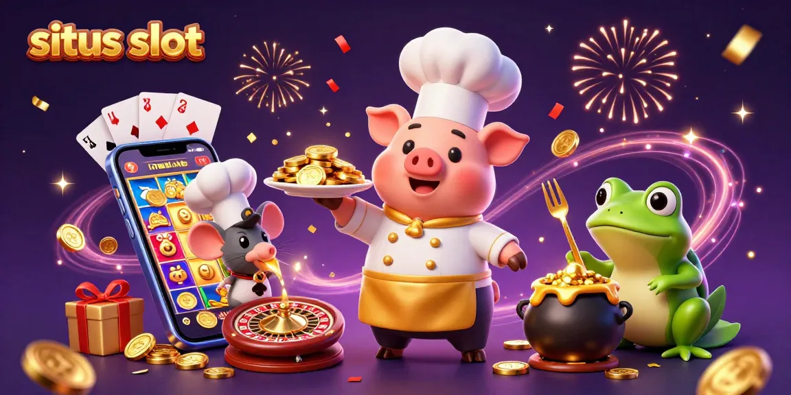 Memenangkan jackpot di situs slot dengan chef beruang dan mouse di pot emas.